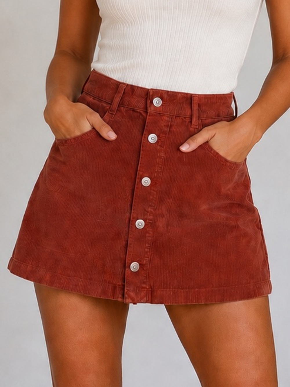 Free People Ray Cotton Corduroy Button-Front Mini Skirt in Rust